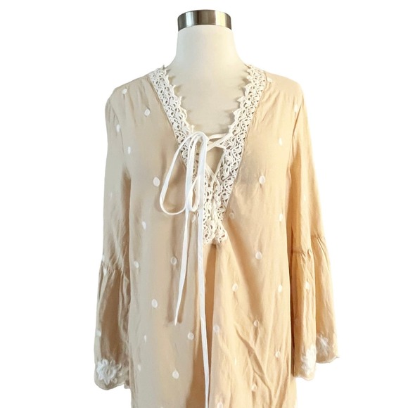 ANTONIO MELANI CoverUp Tunic Tan Embroidery Lace Details Bell Sleeves Neck Tie - Picture 7 of 10